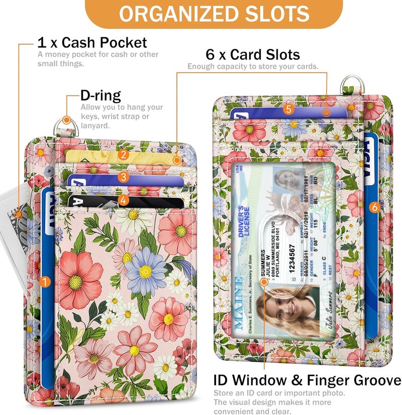 Yonlevres Credit Card Holder Slim Wallet, Floral RFID Wallet Women Front Pocket Small Card Holder, Travel Cute Thin with ID Window PU Leather RFID Blocking Case Organizer Gift Girls Ladies - Image 4